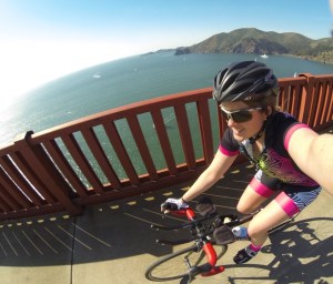 Biking selfie on the Golden Gate Bridge in my new Kona-inspired Smashfest kit! 
